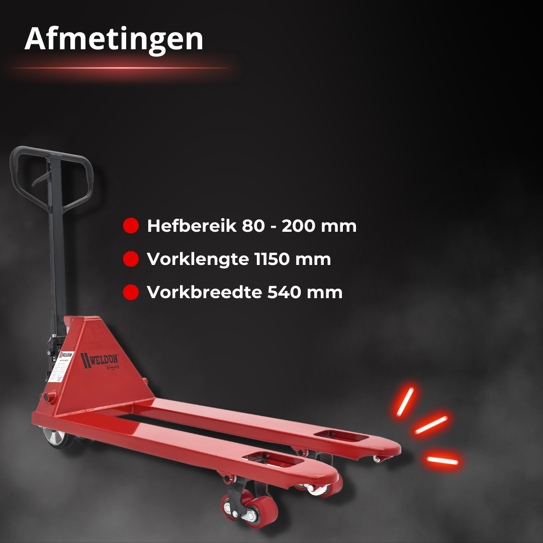 Palletwagen Quality van Weldon met duidelijke afmetingen: perfect voor nauwkeurig laden en transporteren van goederen.