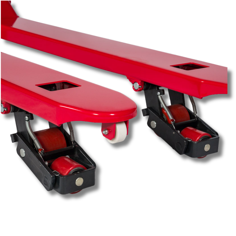 Een close-up van de 4-weg wielen van de Weldon palletwagen 4-weg.